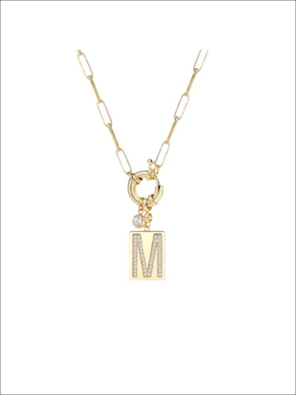 18K Gold Plated Initial 'M' Pendant Necklace 24" Paperclip Chain Cubic Zirconia